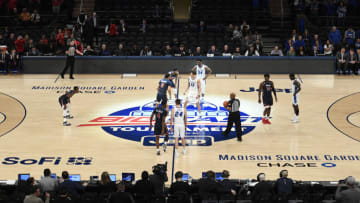 NEW YORK, NEW YORK - MARCH 12: The Creighton Bluejays and the St. John's Red Storm prepare to tip off in front of a small crowd in the first half during the quarterfinals of the Big East Basketball Tournament at Madison Square Garden on March 12, 2020 in New York City. Games will be played without fans amid growing concern over the spread of COVID-19 (coronavirus). (Photo by Sarah Stier/Getty Images)