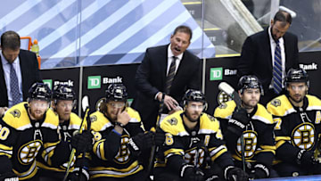 TORONTO, ONTARIO - AUGUST 26: Head coach Bruce Cassidy of the Boston Bruins reacts during the first period against the Tampa Bay Lightning in Game Three of the Eastern Conference Second Round during the 2020 NHL Stanley Cup Playoffs at Scotiabank Arena on August 26, 2020 in Toronto, Ontario. (Photo by Elsa/Getty Images)