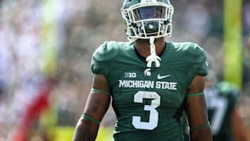 Sep 24, 2016; East Lansing, MI, USA; Michigan State Spartans running back LJ Scott (3) walks off the field during the first quarter against the Wisconsin Badgers of a game at Spartan Stadium. Mandatory Credit: Mike Carter-USA TODAY Sports