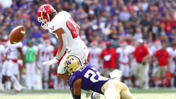 SEATTLE, WASHINGTON - AUGUST 31: Trent McDuffie #22 of the Washington Huskies breaks up a pass against Johnny Edwards IV #88 of the Eastern Washington Eagles in the third quarter during their game at Husky Stadium on August 31, 2019 in Seattle, Washington. (Photo by Abbie Parr/Getty Images)