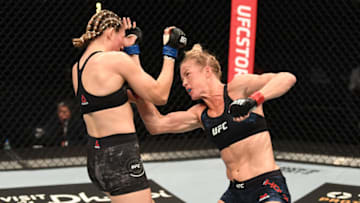 ABU DHABI, UNITED ARAB EMIRATES - OCTOBER 04: (R-L) Holly Holm punches Irene Aldana of Mexico in their women's bantamweight bout during the UFC Fight Night event inside Flash Forum on UFC Fight Island on October 04, 2020 in Abu Dhabi, United Arab Emirates. (Photo by Josh Hedges/Zuffa LLC)