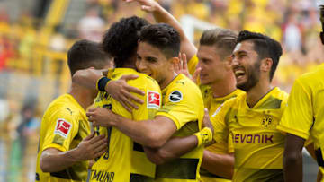 DORTMUND, GERMANY - AUGUST 26: Pierre-Emerick Aubameyang of Dortmund celebrates after scoring his team`s first goal during the Bundesliga match between Borussia Dortmund and Hertha BSC at Signal Iduna Park on August 26, 2017 in Dortmund, Germany. (Photo by TF-Images/TF-Images via Getty Images)