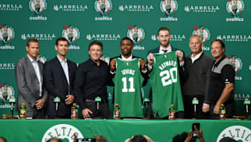 BOSTON, MA - SEPTEMBER 1: Kyrie Irving and Gordon Hayward get introduced as Boston Celtics on September 1, 2017 at the TD Garden in Boston, Massachusetts. NOTE TO USER: User expressly acknowledges and agrees that, by downloading and or using this photograph, User is consenting to the terms and conditions of the Getty Images License Agreement. Mandatory Copyright Notice: Copyright 2017 NBAE (Photo by Brian Babineau/NBAE via Getty Images)