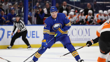 Sep 27, 2022; Buffalo, New York, USA; Buffalo Sabres right wing Tage Thompson (72) looks to mkake a pass during the second period against the Philadelphia Flyers at KeyBank Center. Mandatory Credit: Timothy T. Ludwig-USA TODAY Sports