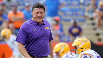 GAINESVILLE, FL - OCTOBER 07: Head coach Ed Orgeron of the LSU Tigers looks over his team prior to the game against the against the Florida Gators at Ben Hill Griffin Stadium on October 7, 2017 in Gainesville, Florida. (Photo by Sam Greenwood/Getty Images)