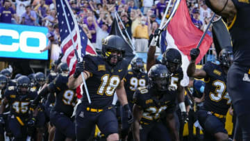 Sep 2, 2021; Charlotte, North Carolina, USA; Appalachian State Mountaineers take the field against the East Carolina Pirates during the first quarter at Bank of America Stadium. Mandatory Credit: Jim Dedmon-USA TODAY Sports
