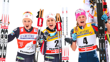 VAL DI FIEMME, ITALY - JANUARY 07: Heidi Weng of Norway takes 1st place, Ingvild Flugstad Oestberg of Norway takes 2nd place, Jessica Diggins of USA takes 3rd place during the FIS Nordic World Cup Women's CC 9 km F Tour de ski on January 7, 2018 in Val di Fiemme, Italy. (Photo by Laurent Salino/Agence Zoom/Getty Images)