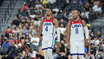 LAS VEGAS, NEVADA - AUGUST 07: Tyrese Haliburton #4 and Jalen Brunson #11 of the United States. (Photo by Ethan Miller/Getty Images)