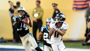 Feb 7, 2016; Santa Clara, CA, USA; Carolina Panthers cornerback Josh Norman (24) breaks up a pass intended for Denver Broncos wide receiver Jordan Norwood (11) in the second quarter in Super Bowl 50 at Levi