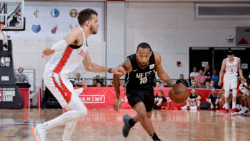LAS VEGAS, NV - JULY 11: Jordan McLaughlin #10 of the Brooklyn Nets handles the ball against the Houston Rockets during the 2018 Las Vegas Summer League on July 11, 2018 at the Cox Pavilion in Las Vegas, Nevada. NOTE TO USER: User expressly acknowledges and agrees that, by downloading and/or using this photograph, user is consenting to the terms and conditions of the Getty Images License Agreement. Mandatory Copyright Notice: Copyright 2018 NBAE (Photo by David Dow/NBAE via Getty Images)