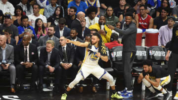 LOS ANGELES, CA - APRIL 18: Stephen Curry #30 of the Golden State Warriors reatcs to play during the game against the LA Clippers during Game Three of Round One of the 2019 NBA Playoffs on April 18, 2019 at STAPLES Center in Los Angeles, California. NOTE TO USER: User expressly acknowledges and agrees that, by downloading and/or using this Photograph, user is consenting to the terms and conditions of the Getty Images License Agreement. Mandatory Copyright Notice: Copyright 2019 NBAE (Photo by Adam Pantozzi/NBAE via Getty Images)