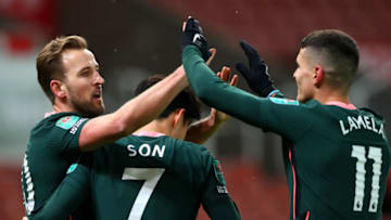 STOKE ON TRENT, ENGLAND - DECEMBER 23: Harry Kane of Tottenham Hotspur celebrates scoring his teams third goal during the Caraboa Cup Quarter Final match between Stoke City and Tottenham Hotspur at Bet365 Stadium on December 23, 2020 in Stoke on Trent, England. (Photo by Chloe Knott - Danehouse/Getty Images)
