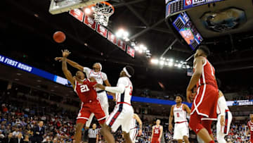 COLUMBIA, SOUTH CAROLINA - MARCH 22: Kristian Doolittle #21 of the Oklahoma Sooners shoots against Devontae Shuler #2 of the Mississippi Rebels in the second half during the first round of the 2019 NCAA Men's Basketball Tournament at Colonial Life Arena on March 22, 2019 in Columbia, South Carolina. (Photo by Kevin C. Cox/Getty Images)