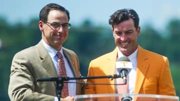 At left John Currie, Tennessee vice chancellor and director of athletics shakes new University of Tennessee Baseball Head Coach Tony Vitello's hand at a press conference introducing him to the media, at Lindsey Nelson Stadium on Friday June 9, 2017.Utbase10 0079