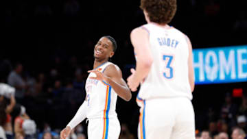 OKC Thunder guard Shai Gilgeous-Alexander (2) smiles after guard Josh Giddey (3): Alonzo Adams-USA TODAY Sports