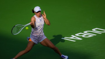 DUBAI, UNITED ARAB EMIRATES - FEBRUARY 22: Iga Swiatek of Poland in action against Liudmila Samsonova of Russia during her third round match on Day 4 of the Dubai Duty Free Tennis at Dubai Duty Free Tennis Stadium on February 22, 2023 in Dubai, United Arab Emirates (Photo by Robert Prange/Getty Images)