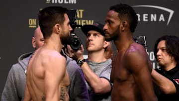 LAS VEGAS, NV - DECEMBER 29: (L-R) Carlos Condit and Neil Magny face off during the UFC 219 weigh-in inside T-Mobile Arena on December 29, 2017 in Las Vegas, Nevada. (Photo by Jeff Bottari/Zuffa LLC/Zuffa LLC via Getty Images)