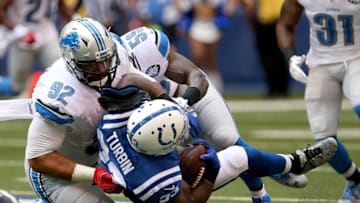 INDIANAPOLIS, IN - SEPTEMBER 11: Detroit Lions defensive tackle Haloti Ngata #92 tackles Indianapolis Colts running back Robert Turbin #33 during the first quarter of the game between the Detroit Lions and the Indianapolis Colts at Lucas Oil Stadium on September 11, 2016 in Indianapolis, Indiana. (Photo by Dylan Buell/Getty Images)