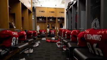 BOSTON, MA - DECEMBER 17: A general view of the Louisville Cardinals locker room in the Boston Red Sox home clubhouse ahead of the 2022 Wasabi Fenway Bowl against the Cincinnati Bearcats on December 17, 2022 at Fenway Park in Boston, Massachusetts. (Photo by Maddie Malhotra/Boston Red Sox/Getty Images)