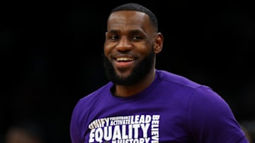 BOSTON, MASSACHUSETTS - FEBRUARY 07: LeBron James #23 of the Los Angeles Lakers looks on before the game against the Boston Celtics at TD Garden on February 07, 2019 in Boston, Massachusetts. NOTE TO USER: User expressly acknowledges and agrees that, by downloading and or using this photograph, User is consenting to the terms and conditions of the Getty Images License Agreement. (Photo by Maddie Meyer/Getty Images)