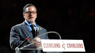 Mar 8, 2014; Cleveland, OH, USA; Cleveland Cavaliers owner Dan Gilbert speaks during the jersey retirement ceremony for Zydrunas Ilgauskas (not pictured) at Quicken Loans Arena. Mandatory Credit: David Richard-USA TODAY Sports