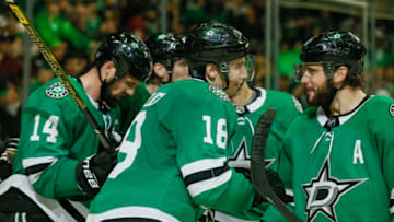 DALLAS, TX - OCTOBER 23: Dallas Stars center Tyler Pitlick (18) celebrates with his teammates after scoring a goal during the game between the Dallas Stars and the Los Angeles Kings on October 23, 2018 at the American Airlines Center in Dallas, Texas. Dallas defeats LA 4-2. (Photo by Matthew Pearce/Icon Sportswire via Getty Images)