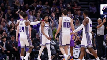SACRAMENTO, CA - MARCH 23: Sacramento Kings players Buddy Hield #24, Marvin Bagley III #35, Nemanja Bjelica #88 and Harrison Barnes #40 celebrate a basket against the Phoenix Suns at Golden 1 Center on March 23, 2019 in Sacramento, California. NOTE TO USER: User expressly acknowledges and agrees that, by downloading and or using this photograph, User is consenting to the terms and conditions of the Getty Images License Agreement. (Photo by Lachlan Cunningham/Getty Images)