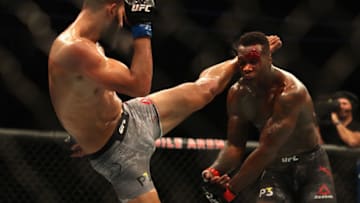LAS VEGAS, NV - OCTOBER 06: Dominick Reyes (L) kicks Ovince Saint Preux in their light heavyweight bout during the UFC 229 event inside T-Mobile Arena on October 6, 2018 in Las Vegas, Nevada. (Photo by Christian Petersen/Zuffa LLC/Zuffa LLC)