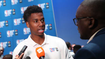 JOHANNESBURG, SOUTH AFRICA - AUGUST 1: Hassan Whiteside of Team World speaks to the media during the Opening Ceremony at the Basketball Without Boarders Africa program at the American International School of Johannesburg on August 1, 2018 in Gauteng province of Johannesburg, South Africa. NOTE TO USER: User expressly acknowledges and agrees that, by downloading and or using this photograph, User is consenting to the terms and conditions of the Getty Images License Agreement. Mandatory Copyright Notice: Copyright 2018 NBAE (Photo by Joe Murphy/NBAE via Getty Images)