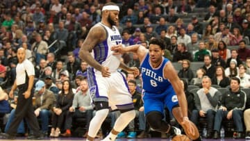 Dec 26, 2016; Sacramento, CA, USA; Philadelphia 76ers center Jahlil Okafor (8) drives to the basket past Sacramento Kings forward DeMarcus Cousins (15) during the first quarter at Golden 1 Center. Mandatory Credit: Ed Szczepanski-USA TODAY Sports