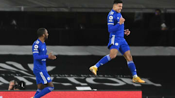 James Justin of Leicester City celebrates with Ricardo Pereira (Photo by Mike Hewitt/Getty Images)