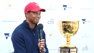 MELBOURNE, AUSTRALIA - DECEMBER 06: Tiger Woods speaks next to the Presidents Cup during a Presidents Cup media opportunity at the Yarra Promenade on December 5, 2018 in Melbourne, Australia. The Presidents Cup 2019 will be held on December 9-15, 2019, when it returns to the prestigious Royal Melbourne Golf Club in Australia. (Photo by Scott Barbour/Getty Images)