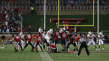 Nov 13, 2021; Lubbock, Texas, USA; Texas Tech Red Raiders place kicker Jonathan Garibay (46) kicks a 62-yard field goal with 3 seconds left in the game against the Iowa State Cyclones at Jones AT&T Stadium. Mandatory Credit: Michael C. Johnson-USA TODAY Sports