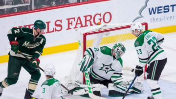 Oct 29, 2016; Saint Paul, MN, USA; Minnesota Wild forward Eric Staal (12) watches forward Nino Niederreiter (22) goal in the third period against the Dallas Stars goalie Kari Lehtonen (32) at Xcel Energy Center. The Minnesota Wild beat the Dallas Stars 4-0. Mandatory Credit: Brad Rempel-USA TODAY Sports
