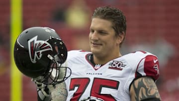 November 8, 2015; Santa Clara, CA, USA; Atlanta Falcons tackle Jake Long (75) before the game against the San Francisco 49ers at Levi