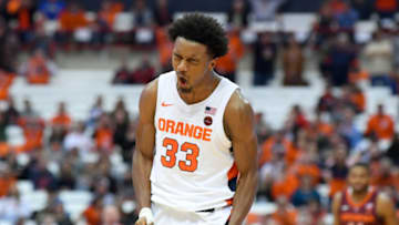 SYRACUSE, NY - JANUARY 07: Elijah Hughes #33 of the Syracuse Orange reacts to a call against the Virginia Tech Hokies during the second half at the Carrier Dome on January 7, 2020 in Syracuse, New York. Virginia Tech defeated Syracuse 67-63. (Photo by Rich Barnes/Getty Images)