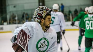 FRISCO, TX - JUNE 29: Colton Point (1) goes through hockey drills during the Dallas Stars Development Camp on June 29, 2018 at the Dr. Pepper Stars Center in Frisco, Texas. (Photo by Matthew Pearce/Icon Sportswire via Getty Images)