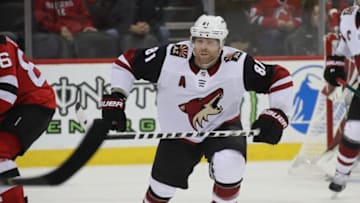 NEWARK, NEW JERSEY - OCTOBER 25: Phil Kessel #81 of the Arizona Coyotes skates against the New Jersey Devils at the Prudential Center on October 25, 2019 in Newark, New Jersey. The Coyotes defeated the Devils 5-3. (Photo by Bruce Bennett/Getty Images)