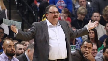 Feb 6, 2016; Indianapolis, IN, USA; Detroit Pistons coach Stan Van Gundy yells from the sidelines against the Indiana Pacers at Bankers Life Fieldhouse. The Pacers won 112-104. Mandatory Credit: Brian Spurlock-USA TODAY Sports