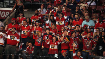 SUNRISE, FL - OCT. 5: Florida Panthers fans cheer on their team against the Tampa Bay Lightning at the BB&T Center on October 5, 2019 in Sunrise, Florida. (Photo by Eliot J. Schechter/NHLI via Getty Images)