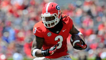Apr 12, 2014; Athens, GA, USA; Georgia Bulldogs running back Todd Gurley (3) runs for a touchdown during the first half of the Georgia Spring Game at Sanford Stadium. Red defeated Black 27-24. Mandatory Credit: Dale Zanine-USA TODAY Sports