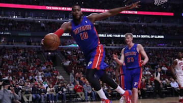Apr 11, 2014; Chicago, IL, USA; Detroit Pistons forward Greg Monroe (10) saves an out of bounds during the first quarter against the Chicago Bulls at the United Center. Mandatory Credit: Dennis Wierzbicki-USA TODAY Sports