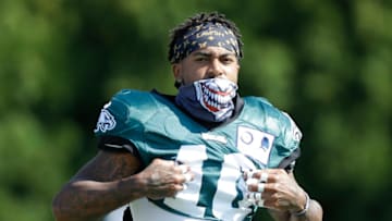PHILADELPHIA, PENNSYLVANIA - AUGUST 17: DeSean Jackson #10 of the Philadelphia Eagles looks on during training camp at NovaCare Complex on August 17, 2020 in Philadelphia, Pennsylvania. (Photo by Yong Kim-Pool/Getty Images)