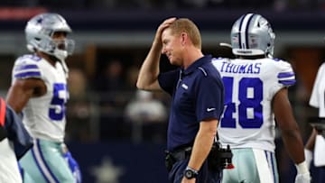 ARLINGTON, TEXAS - NOVEMBER 28: Head coach Jason Garrett of the Dallas Cowboys rubs his head during the game against the Buffalo Bills at AT&T Stadium on November 28, 2019 in Arlington, Texas. (Photo by Richard Rodriguez/Getty Images)