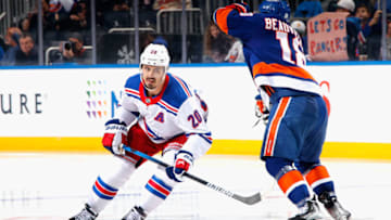 ELMONT, NEW YORK - OCTOBER 08: Chris Kreider #20 of the New York Rangers skates against the New York Islanders at the UBS Arena on October 08, 2022 in Elmont, New York. (Photo by Bruce Bennett/Getty Images)
