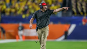 Dec 31, 2021; Miami Gardens, Florida, USA; Georgia Bulldogs head coach Kirby Smart gestures in the fourth quarter against the Michigan Wolverines during the Orange Bowl college football CFP national semifinal game at Hard Rock Stadium. Mandatory Credit: Sam Navarro-USA TODAY Sports