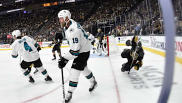 LAS VEGAS, NV - APRIL 14: Tomas Nosek #92 of the Vegas Golden Knights falls to the ice after a late hit to the head by Joe Thornton #19 of the San Jose Sharks during the second period in Game Three of the Western Conference First Round during the 2019 NHL Stanley Cup Playoffs at T-Mobile Arena on April 14, 2019 in Las Vegas, Nevada. (Photo by David Becker/NHLI via Getty Images)
