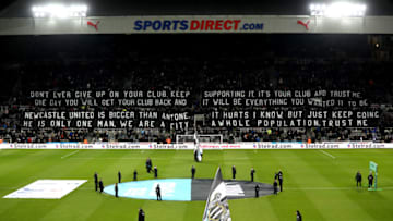 NEWCASTLE UPON TYNE, ENGLAND - JANUARY 31: General view inside the stadium as fans display a banner prior to the Premier League match between Newcastle United and Burnley at St. James Park on January 31, 2018 in Newcastle upon Tyne, England. (Photo by Ian MacNicol/Getty Images)