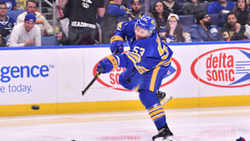 Nov 15, 2022; Buffalo, New York, USA; Buffalo Sabres left wing Jeff Skinner (53) takes a shot in the second period against the Vancouver Canucks at KeyBank Center. Mandatory Credit: Mark Konezny-USA TODAY Sports