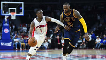 Apr 22, 2016; Auburn Hills, MI, USA; Detroit Pistons guard Reggie Jackson (1) drives to the basket as Cleveland Cavaliers forward LeBron James (23) defends during the fourth quarter in game three of the first round of the NBA Playoffs at The Palace of Auburn Hills. Mandatory Credit: Tim Fuller-USA TODAY Sports